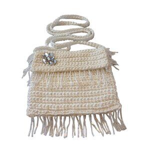 Vintage 90s Boho Beaded Fringe Purse White Crossbody Bag Crochet Rope Strap